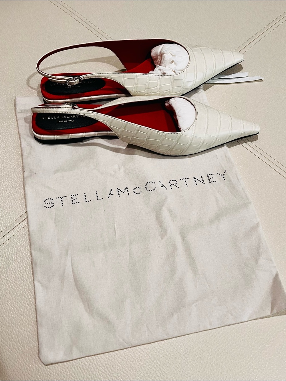 Stella McCartney White Croc-Embossed Pointed Slingback Flats with Red Insole